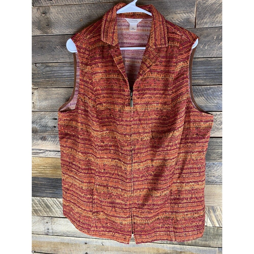 CJ Banks Women's Plus Sz 2X Orange & Red Embroidered Sleeveless Zip Up Vest